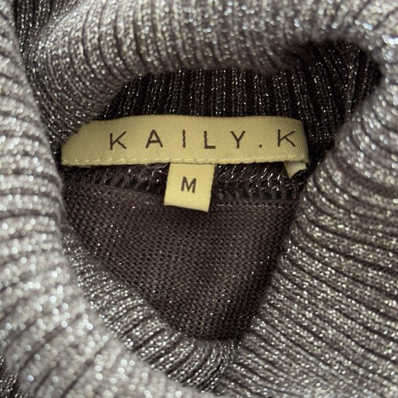 Kaily K Metallic Fleck Turtleneck Gray Ribbed Stretch Balloon Puff Sleeve Top - Picture 6 of 10